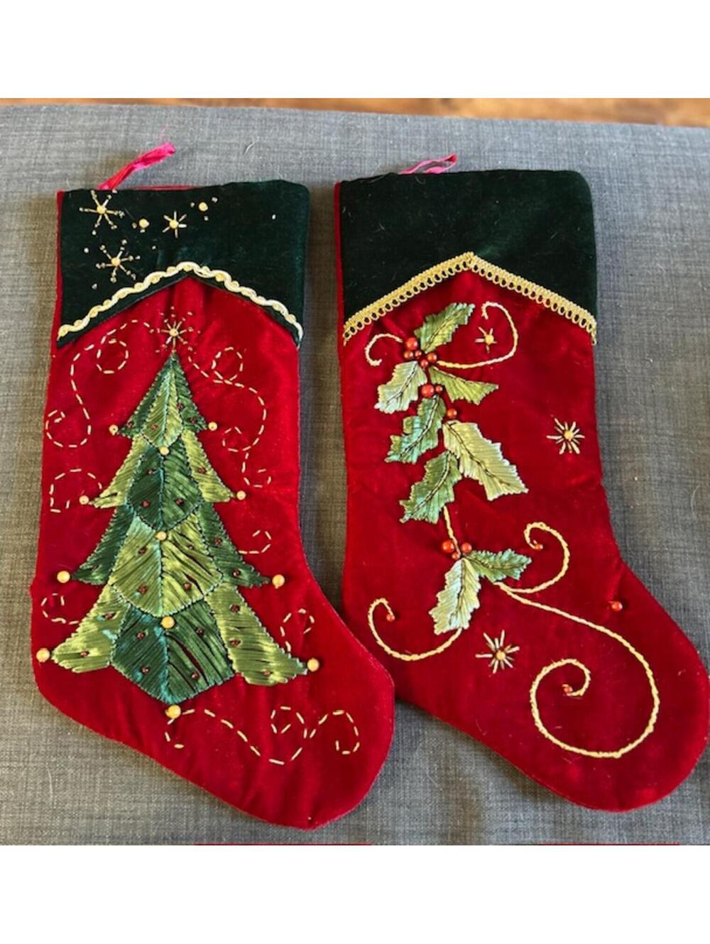Pair of Embroidered Christmas Stockings with Tree and Holly Designs